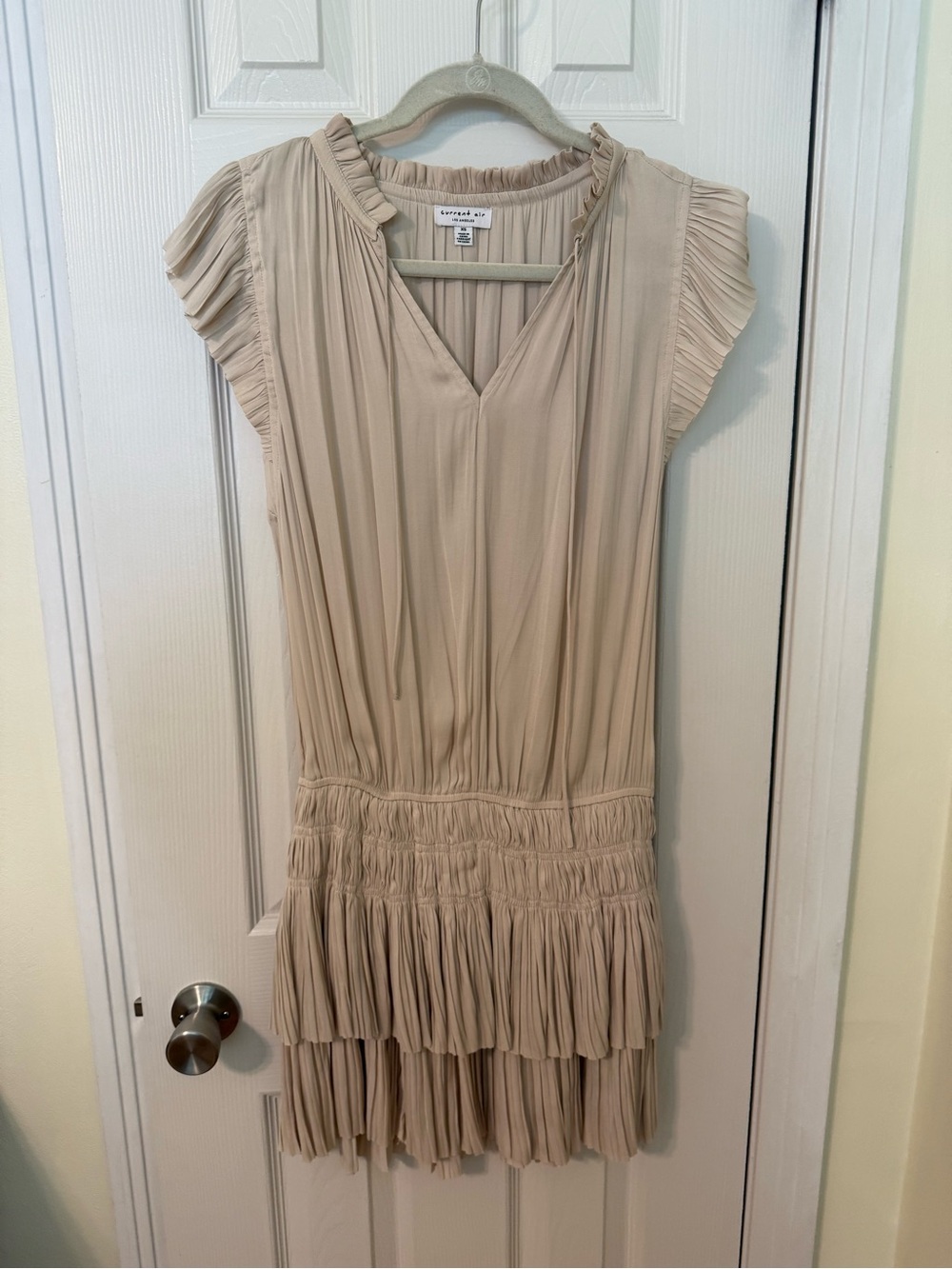 Current Air Beige Pleated Tiered Mini Dress
